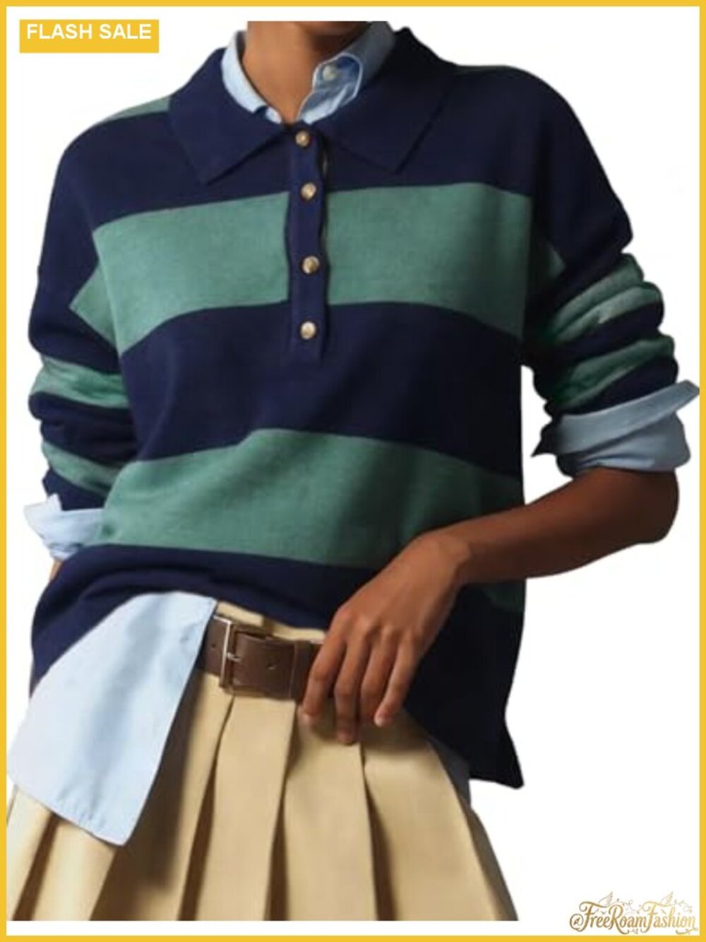 Rugby Polo Sweater Women Striped Collared V-Neck Button Knit Pullover